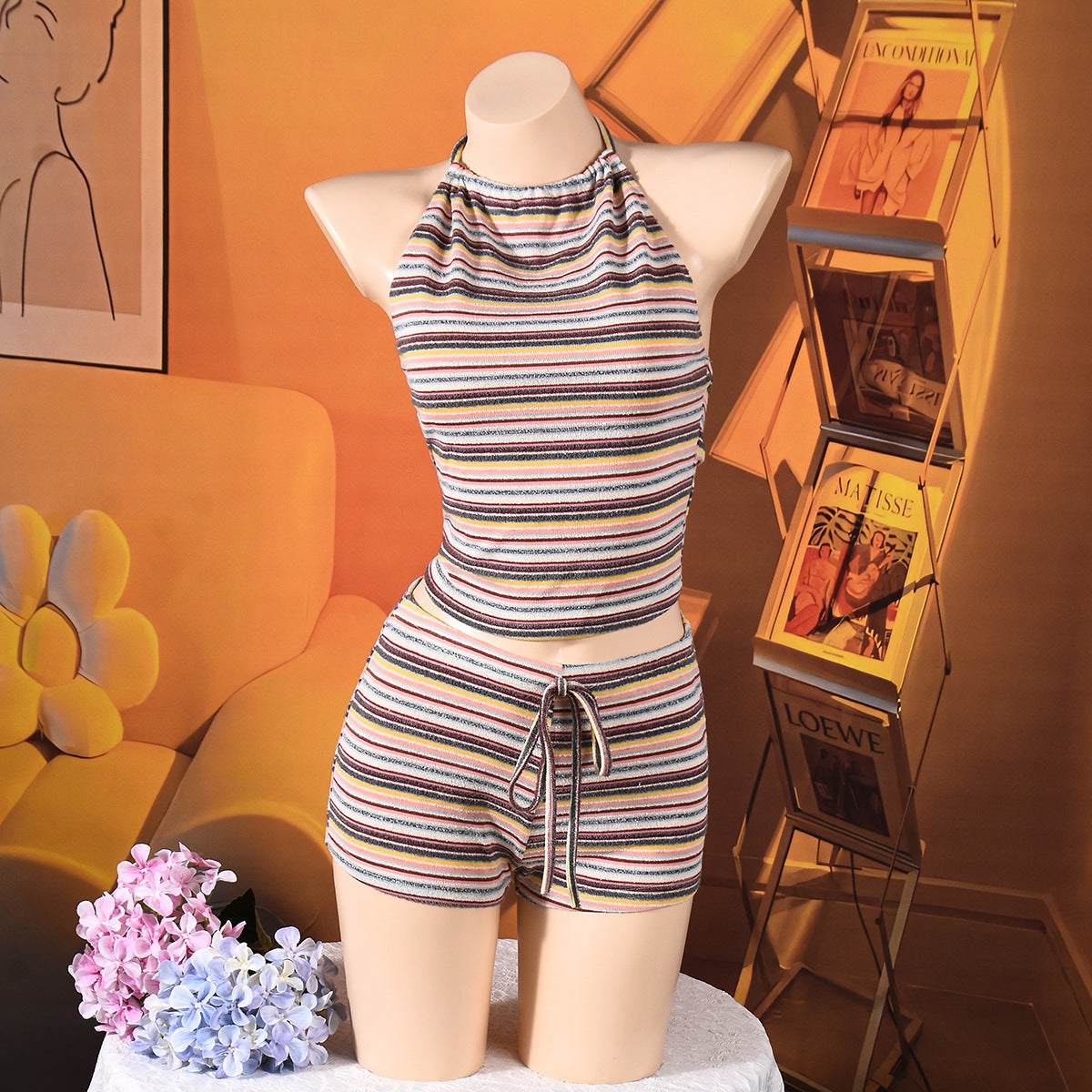 Striped Halter Crop Top and Shorts Set - Multicolor Outfit