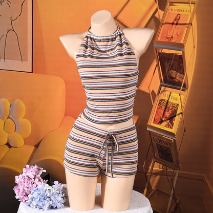 Striped Halter Crop Top and Shorts Set - Multicolor Outfit