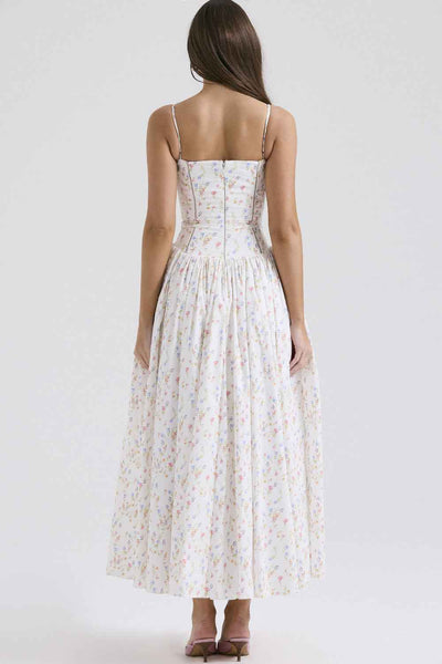 Floral Cami Maxi Dress - Cinched Waist A-Line Spaghetti Strap
