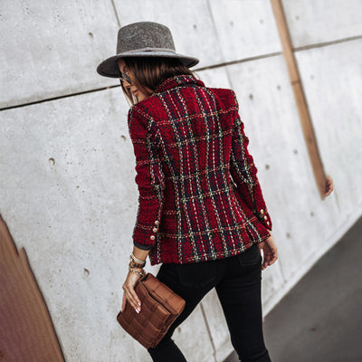 Elegant Checkered Long Sleeve Blazer - Double-Breasted Printed Coat