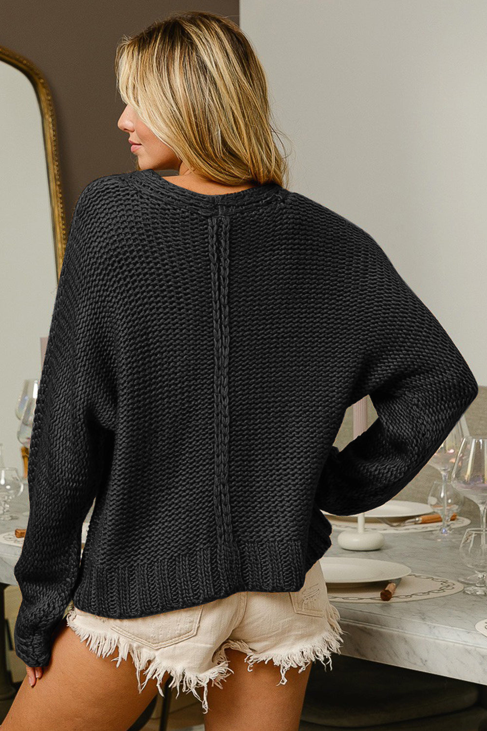 BiBi V-Neck Cable Knit Sweater - Fashions Envy