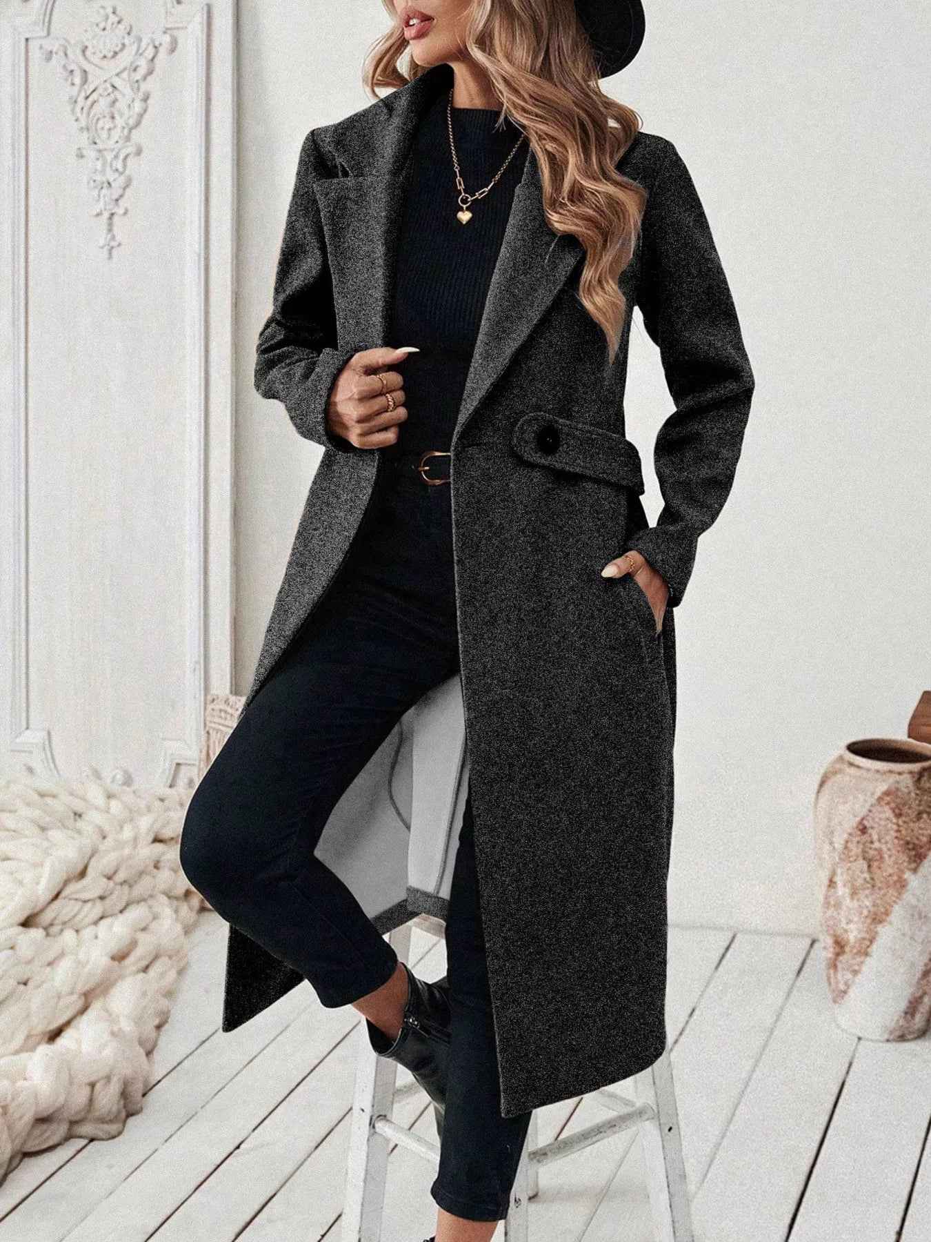 Wool Blend Overcoat - One Button Belted Long Coat - Fashions Envy