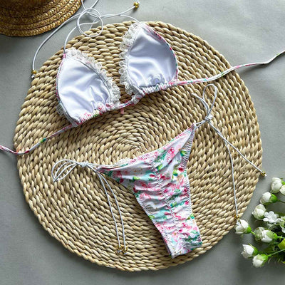 Pink Lace-Up Bikini Set - Plunge V-Neck Tie Front