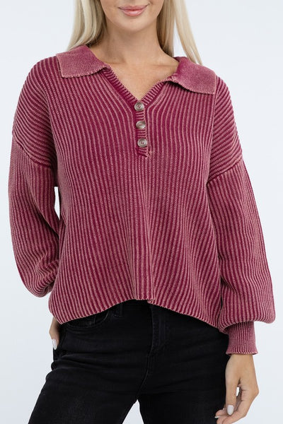 Ribbed Washed Collared Henley Sweater - Fashions Envy