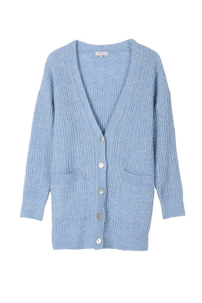 Light Blue Wool Blended Stretch Cable Knitted Cardigan