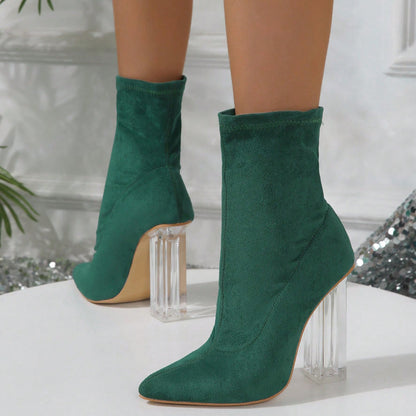 Crystal Heel Boots - Elastic Mid-Calf Party Style