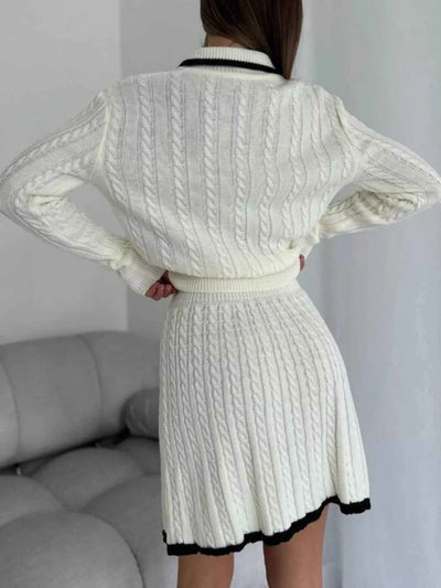 Cable Knit Long Sleeve Top and Skirt Sweater Set