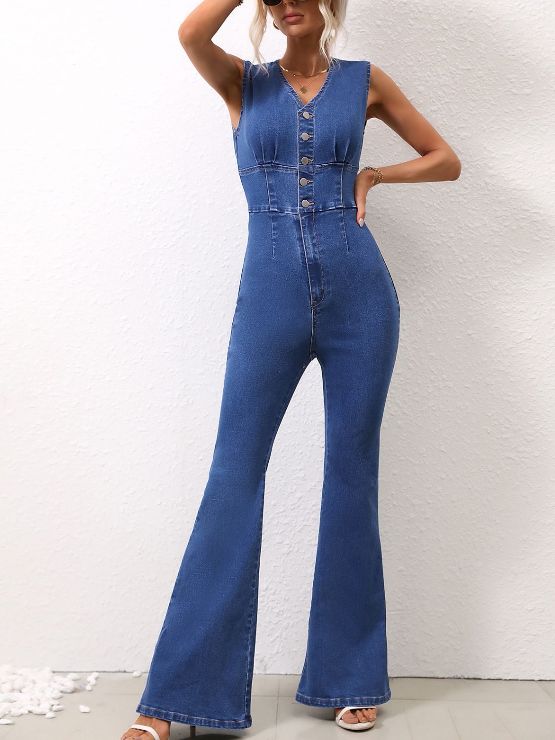 V-Neck Sleeveless Denim Jumpsuit - Fashions Envy