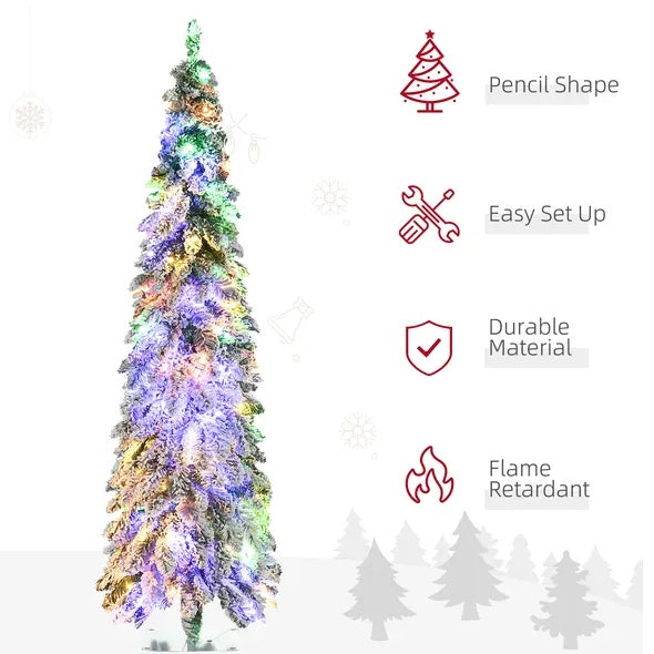 Snow Flocked Pencil Christmas Tree - 6 FT Pre-Lit