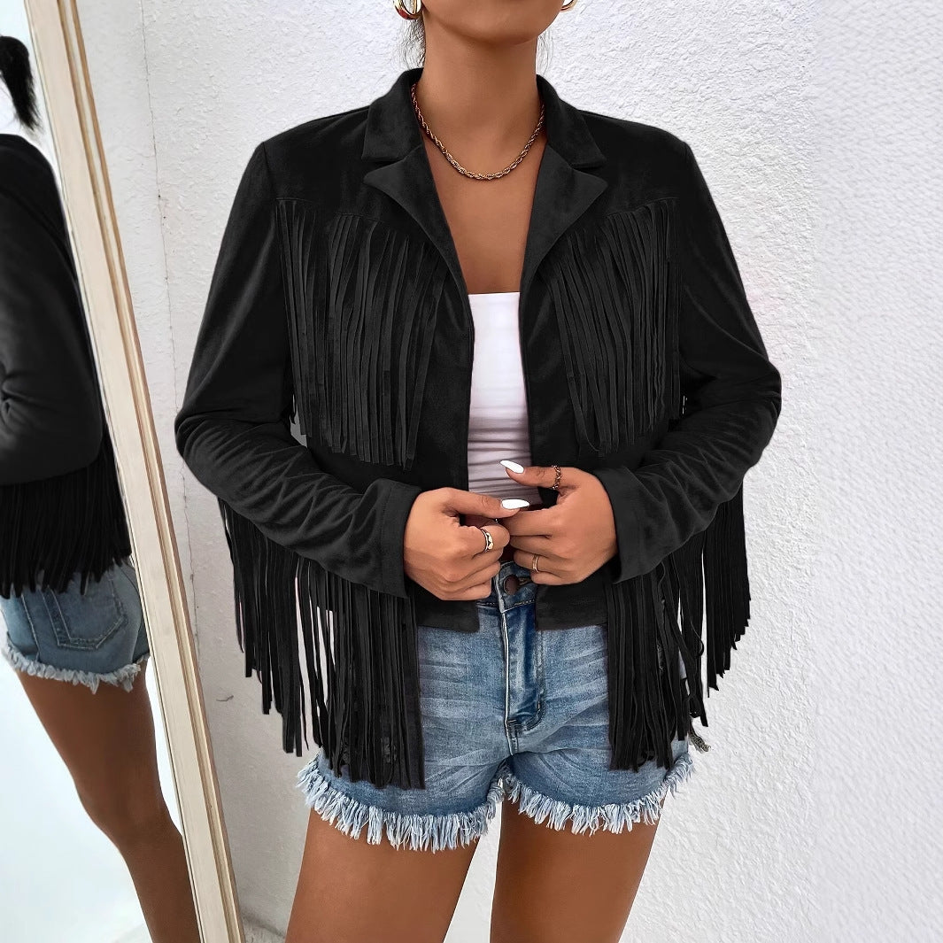 Women's Black V-Neck Fringe Jacket - Long Sleeve Short Coat