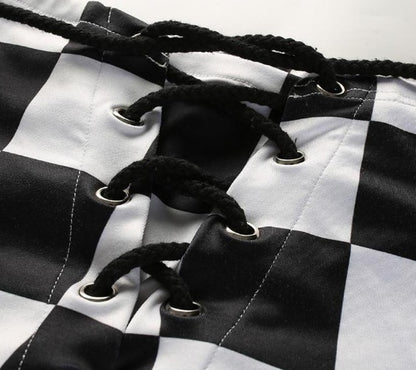 Checkered Lace-Up Shorts - High Waist Hot Pants
