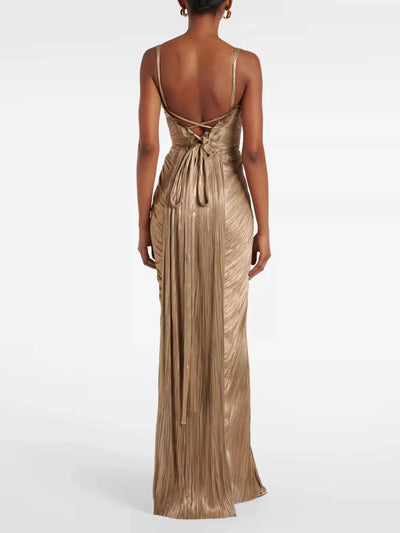 Pleated Corset Maxi Dress - Gold Metallic Gown