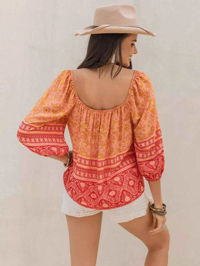 Printed Square Neck Balloon Sleeve Blouse