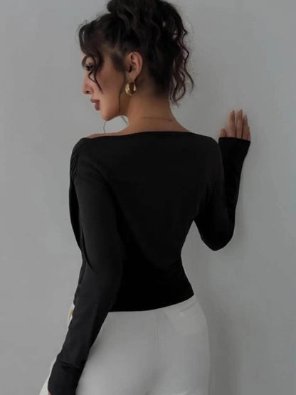 Asymmetrical Long Sleeve Blouse - Ruched Detail Top - Fashions Envy