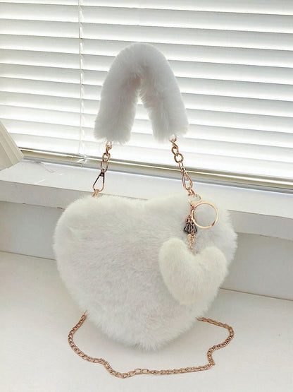 Heart Shape Faux Fur Handbag & Clip-on Mini Heart