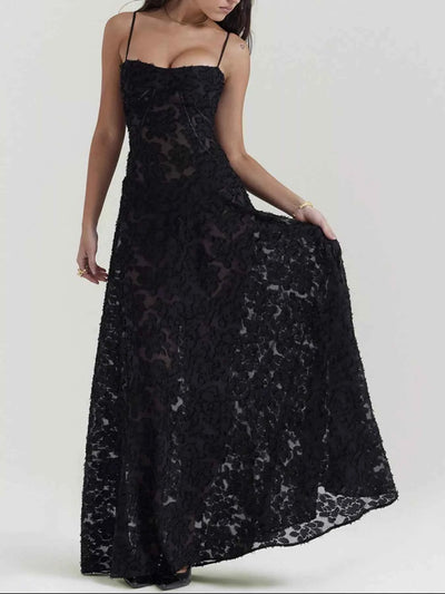 Black Maxi Dress - Lace Spaghetti Strap Gown