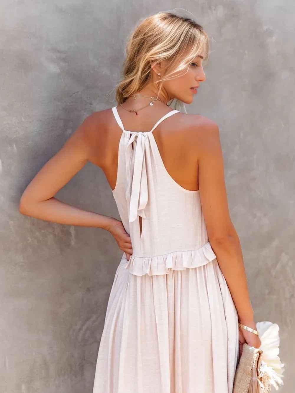 Smocked Tiered Ruffle Maxi Dress - Sleeveless with Pockets