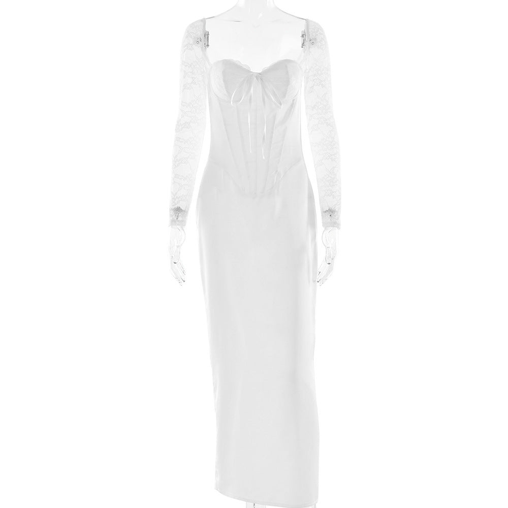 White Sweetheart Neck Maxi Dress - Lace Spliced Long Sleeve Bodycon