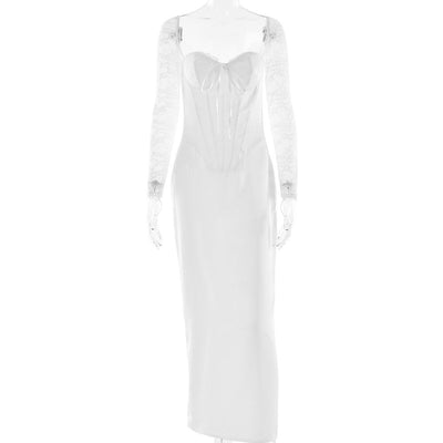 White Sweetheart Neck Maxi Dress - Lace Spliced Long Sleeve Bodycon