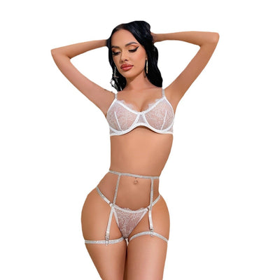 Lace Lingerie Set - 4 Piece Rhinestone Garter Belt - Fashions Envy