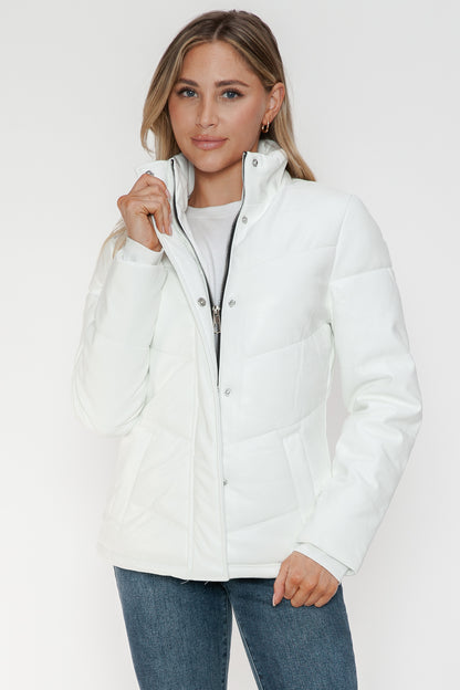 Pocketed Zip Up Turtleneck White Puffer Jacket