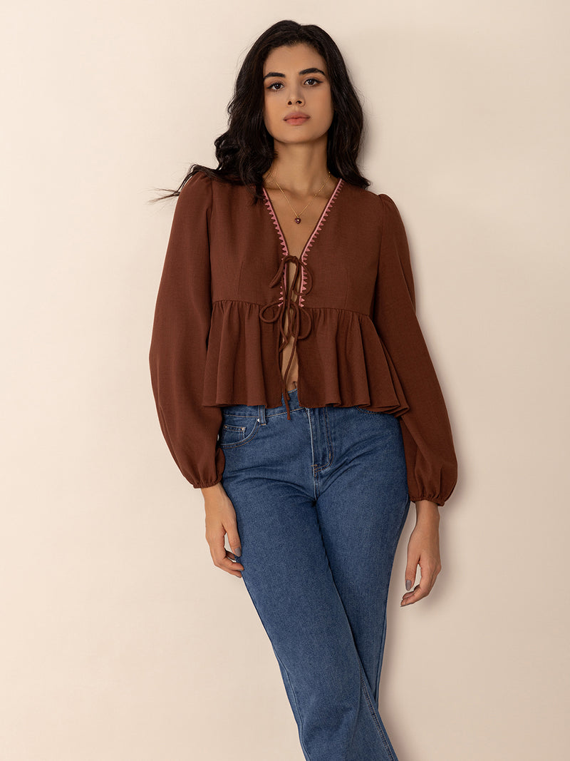 Brown Peplum Tied V-Neck Long Sleeve Blouse