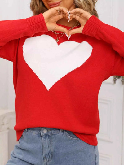 Valentine's Day Heart Round Neck Dropped Shoulder Sweater - Fashions Envy