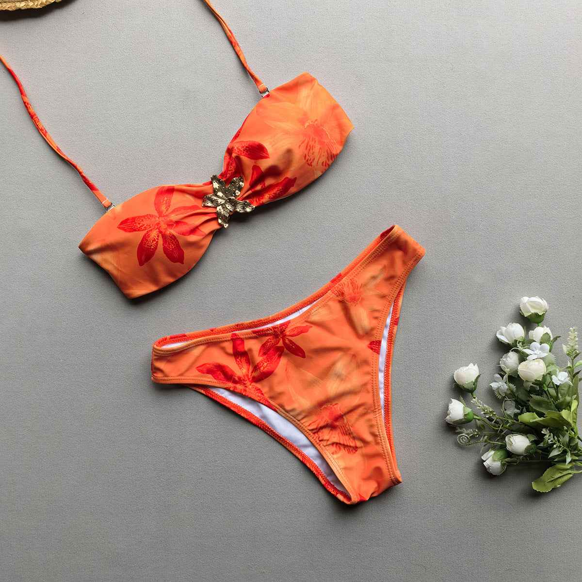 Orange Print Bikini Set - Tie Strap Triangle Two-Piece Swimsuit