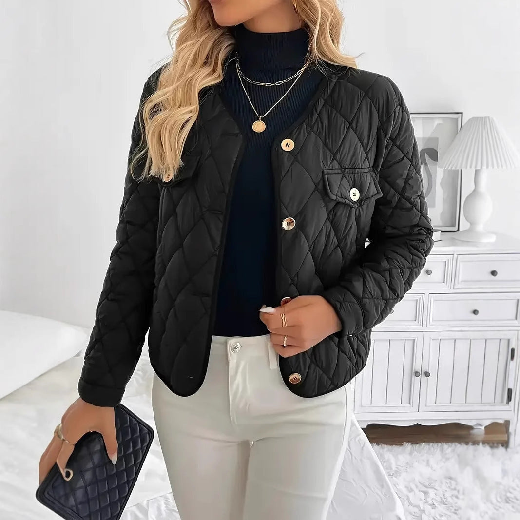 Diamond Lattice Cotton Jacket - Warm Short Women's Coat