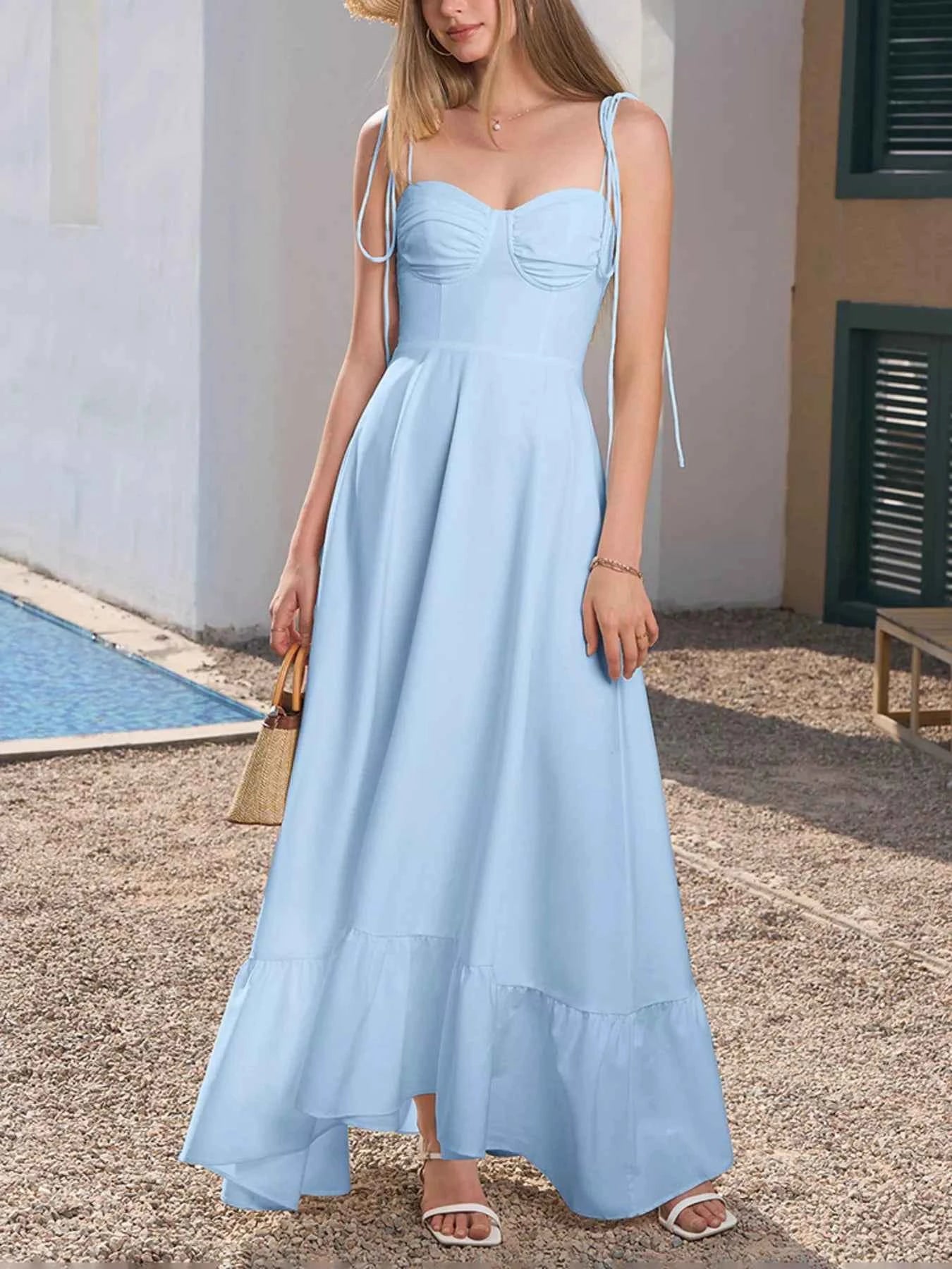 Sweetheart Neck Tie-Strap Ruffle Hem Maxi Dress