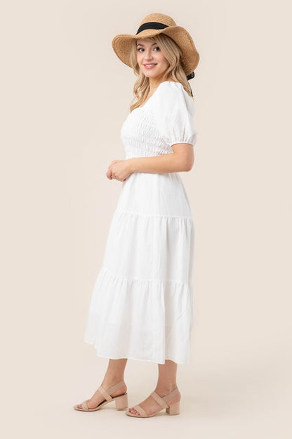 Tiered Midi Dress with Puff Sleeves