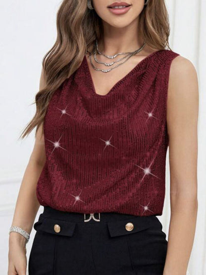 Sequin Cowl Neck Sleeveless Tank Top