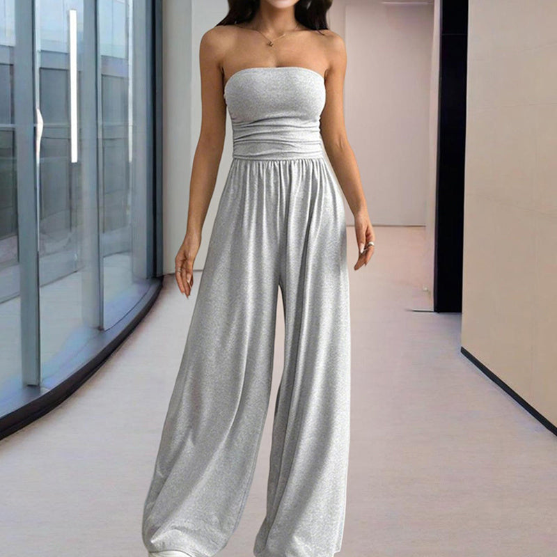 Solid Color Wide-Leg Palazzo Pants With Pleats Strapless Jumpsuit