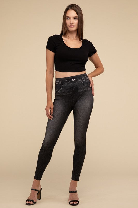 Casual High Rise Waist Denim Fitted Leggings