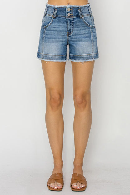 High Rise Seam Detailed Raw Edge Risen Denim Shorts