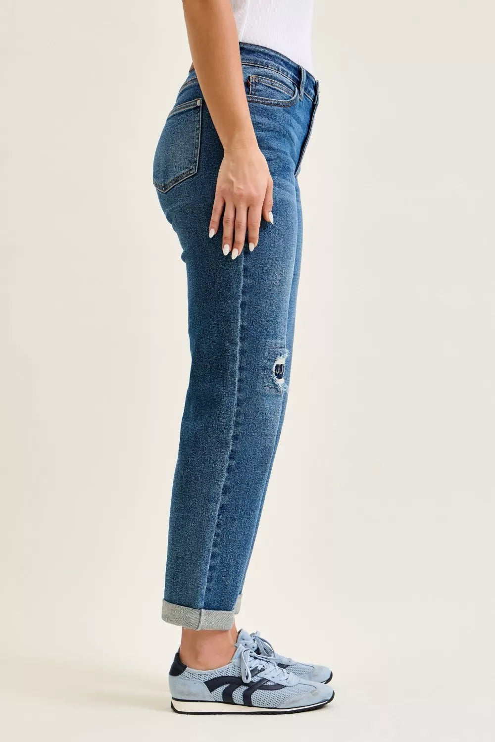 Judy Blue Mid Rise Boyfriend Embroidered Repair Patch Jeans - Fashions Envy