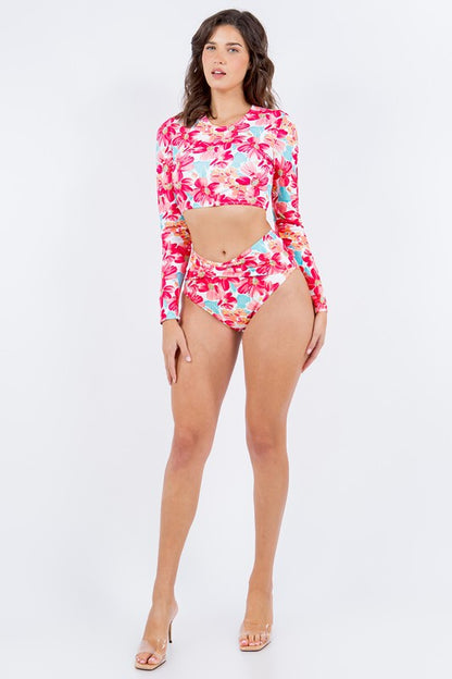 Long Sleeve Floral Print Ruched Bottom Bikini Swimwear