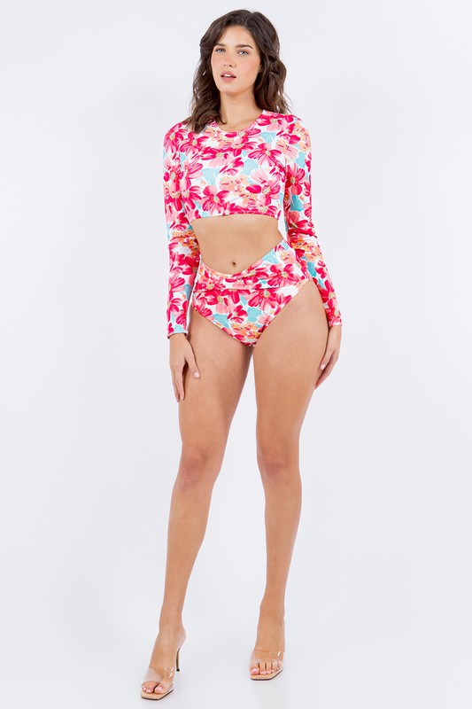 Long Sleeve Floral Print Ruched Bottom Bikini Swimwear