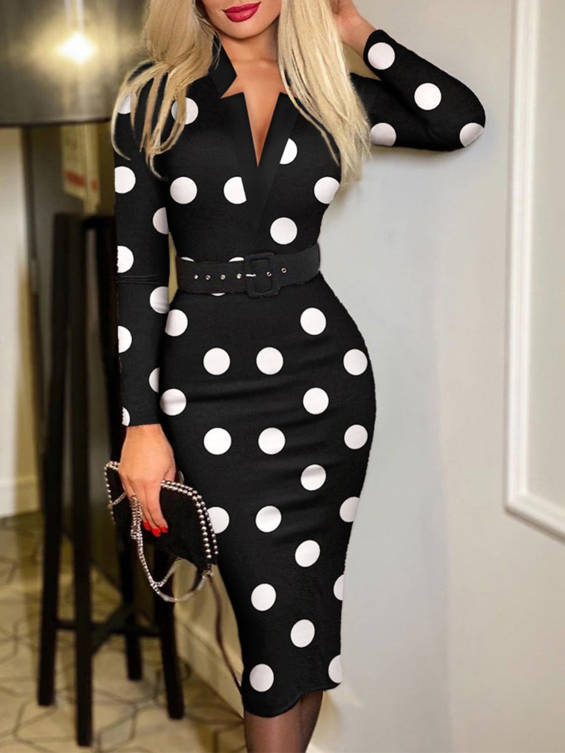 Printed Notched Long Sleeve Wrap Midi Dress