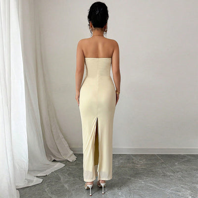 Strapless Backless Maxi Dress - 3D Floral Detail - Fashions Envy