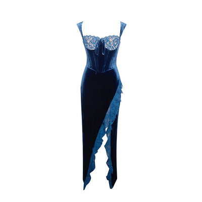 Velvet Evening Dress - Lace High Slit Fitted - Fashions Envy