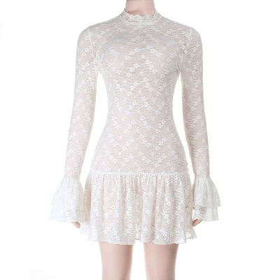 Lace See-Through Mini Dress - Long Sleeve V-Neck Apricot