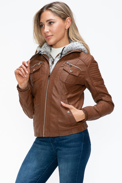 Rust Removable Faux Layered Multi-Pocket Jacket with Fuzzy Hood