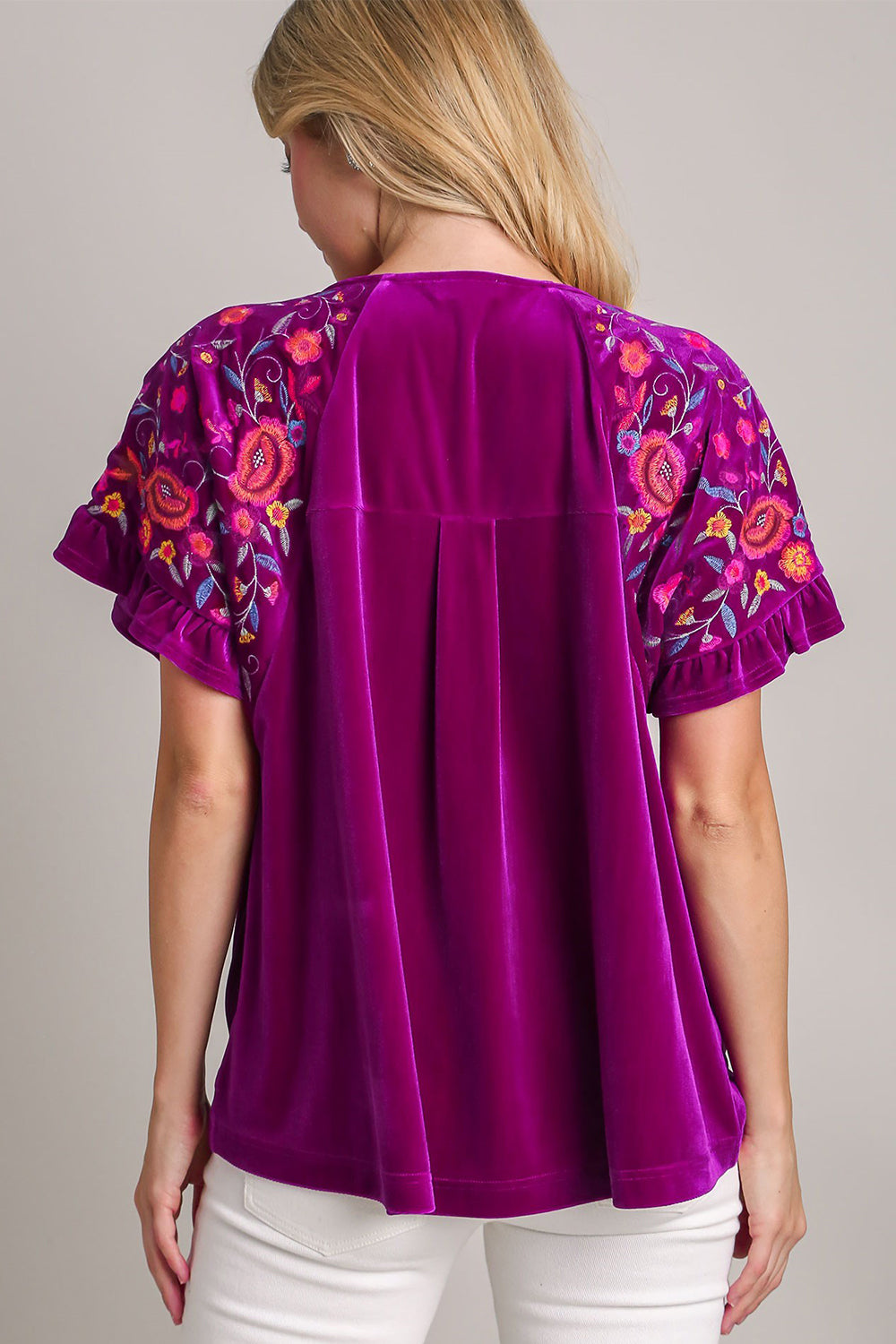 Violet Full Size Velvet Embroidery Short Sleeve Blouse