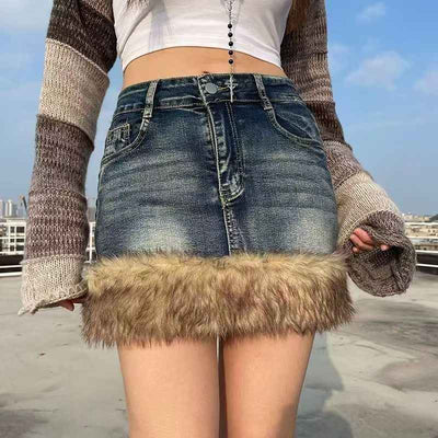 Faux Fur Trim Denim Skirt - Retro High-Waisted Mini - Fashions Envy
