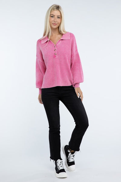 Ribbed Washed Collared Henley Sweater - Fashions Envy