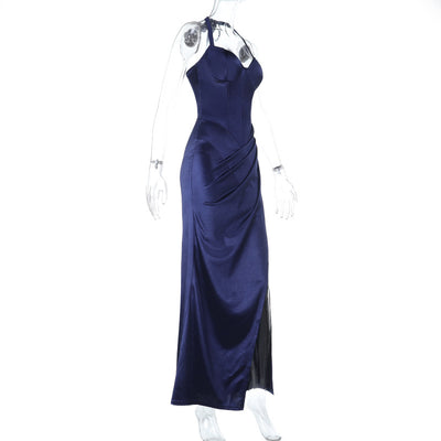 Satin Maxi Dress - Halter Neck Slit Dark Blue - Fashions Envy