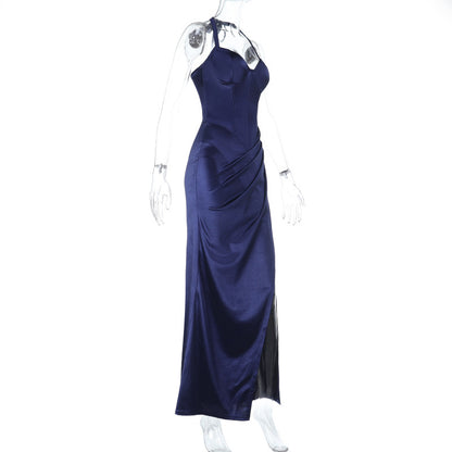 Satin Maxi Dress - Halter Neck Slit Dark Blue - Fashions Envy