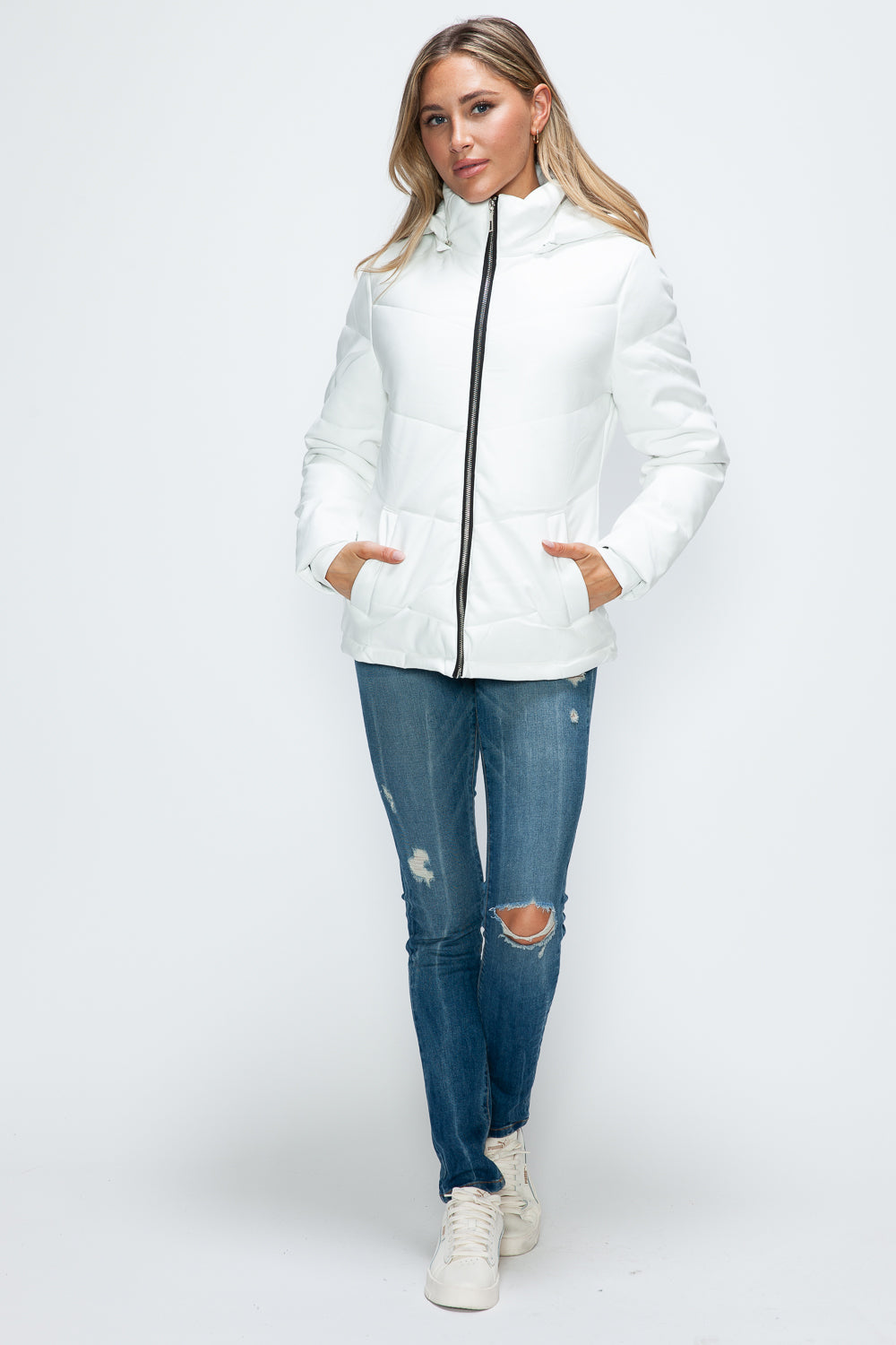 White Pocketed Zip Up Puffer Jacket with Removable Hood