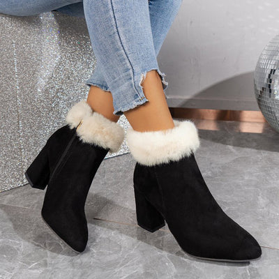 Plaid Ankle Boots - Furry Lined Square Heel Winter Boots